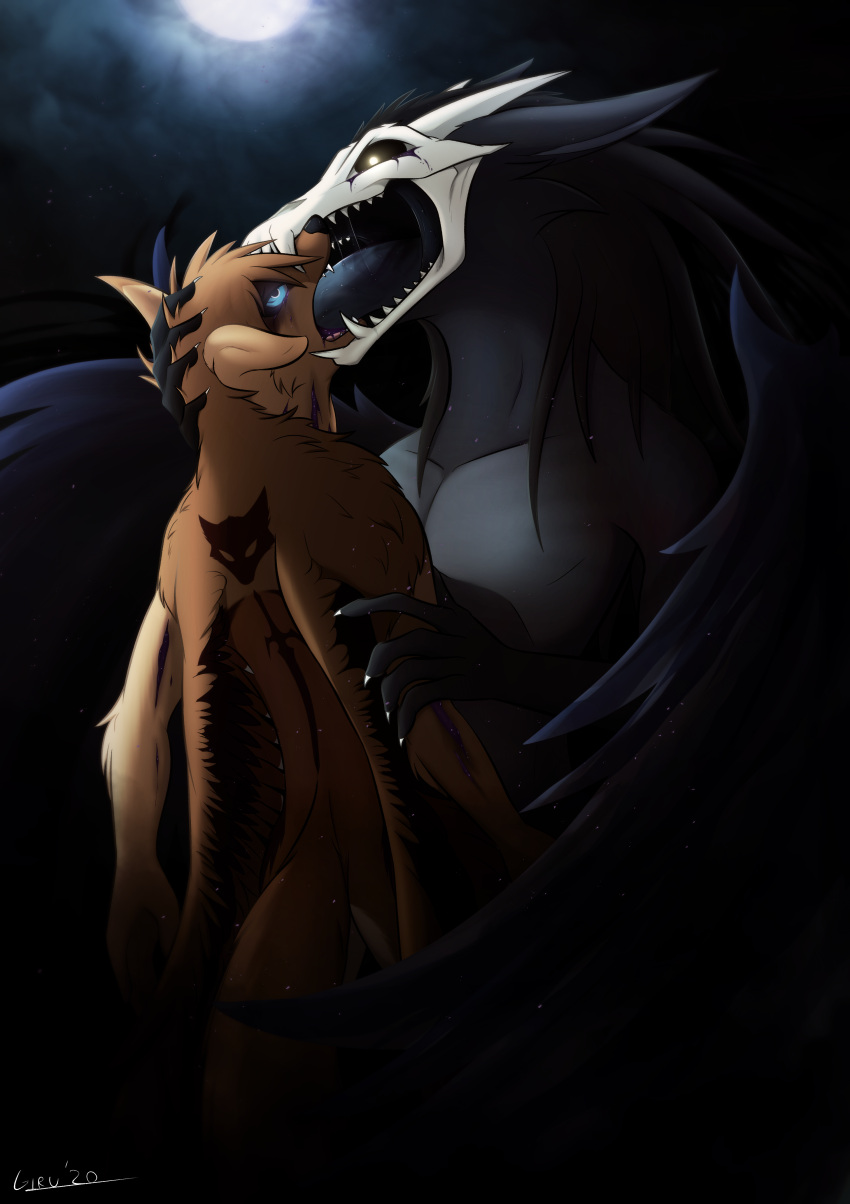 absurd_res anthro black_hair blue_eyes bodily_fluids brown_body brown_fur canid corruption duo extreme_french_kiss fog french_kissing fur fur_markings giru_(artist) grey_body grey_fur hair head_grab hi_res holding_arm horn kissing long_hair male male/male mammal markings mindless moon saliva skulldog_(species) sovereign spread_wings tongue tongue_fetish tongue_out wings yellow_eyes zen_(gheist)
