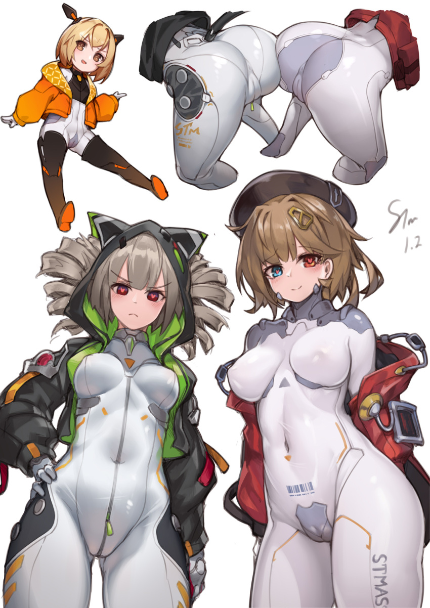 3girls ass ass-to-ass bangs barcode blonde_hair blue_eyes bodysuit breasts brown_eyes brown_hair cameltoe character_request covered_navel covered_nipples cowboy_shot eyebrows_visible_through_hair grey_hair hair_ornament hairclip hat heart heart-shaped_pupils heterochromia highres hood hood_up impossible_bodysuit impossible_clothes jacket looking_at_viewer medium_breasts multiple_girls red_eyes symbol-shaped_pupils tower_of_fantasy