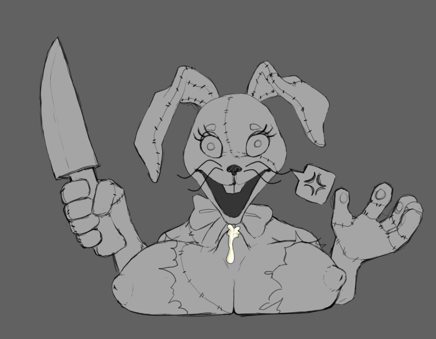 absurd_res angry big_breasts breast_play breasts clothing costume ejaculation fake_ears fake_rabbit_ears female five_nights_at_freddy's five_nights_at_freddy's:_security_breach greyscale hi_res human knife lagomorph leporid mammal monochrome nipples rabbit rawhell scottgames sex solo speech_bubble titfuck torn_clothing vanny_(fnaf) video_games