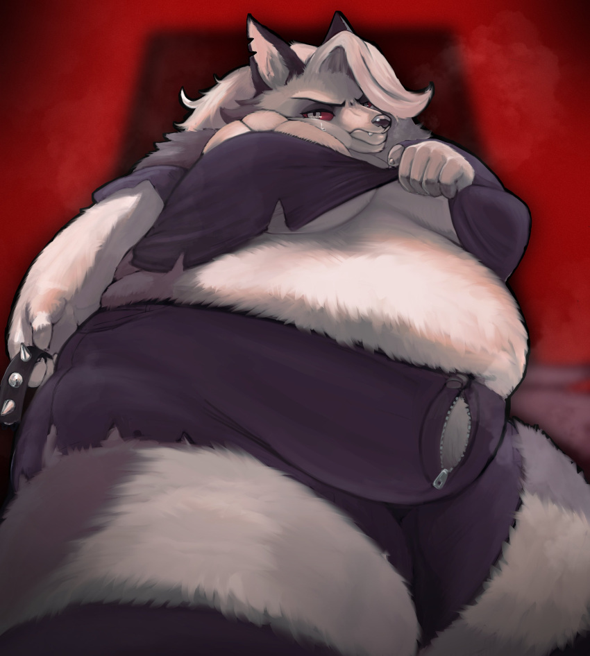 absurd_res angry anthro belly big_belly big_breasts breasts canid canid_demon clothing clothing_grab clothing_too_small demon female fur hair hellhound helluva_boss hi_res hoshino_kedama loona_(helluva_boss) low-angle_view mammal overweight overweight_female red_sclera solo teeth thick_thighs tight_clothing white_body white_fur white_hair zipper zipper_down
