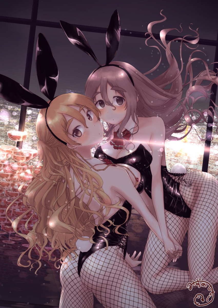 2girls absurdres alcohol animal_ears artist_name black_leotard blonde_hair blush breasts brown_eyes brown_hair city city_lights cityscape cleavage cup detached_collar drinking_glass eyebrows_visible_through_hair fake_animal_ears fake_tail fishnet_legwear fishnets hair_between_eyes highres kantai_collection large_breasts leotard long_hair mizunototori multiple_girls pantyhose parted_lips pola_(kancolle) rabbit_ears rabbit_tail signature tail wine wine_glass zara_(kancolle)