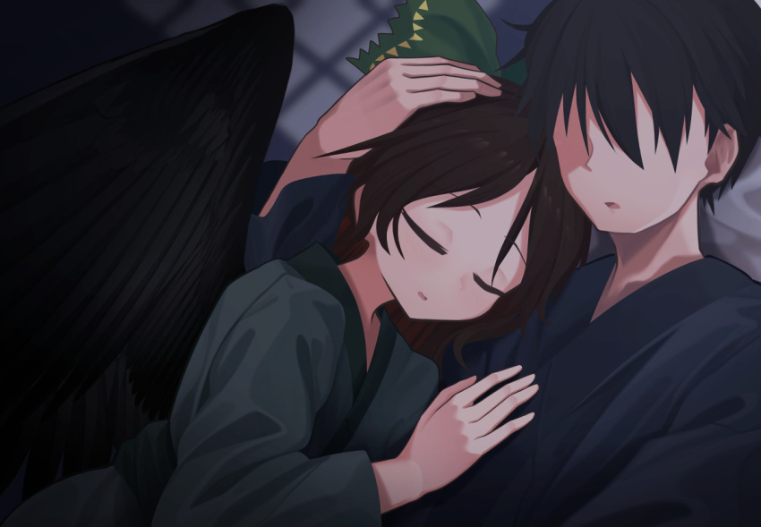 1boy 1girl akaiha_(akaihasugk) alternate_costume alternate_hairstyle bird_wings black_hair black_wings blue_kimono bow brown_hair closed_eyes commission couple facing_viewer green_bow green_kimono hand_on_another's_chest hand_on_another's_head hetero japanese_clothes kimono pixiv_request reiuji_utsuho short_hair sleeping sleeping_on_person subterranean_animism textless touhou wings