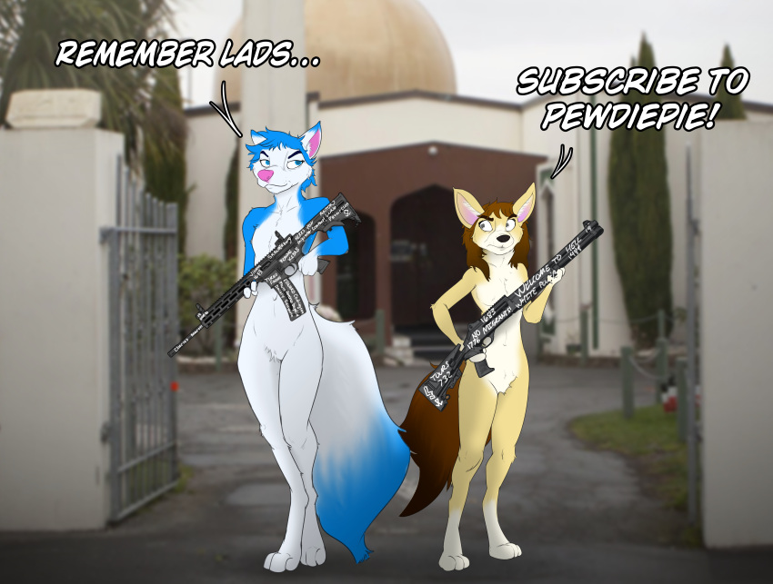 absurd_res anthro arctic_fox canid canine church dark_humor duo fennec fennrye_snowfall fox gun hi_res holding_object holding_weapon ilovejudyhopps male male/male mammal ranged_weapon text theodore_snowfall weapon