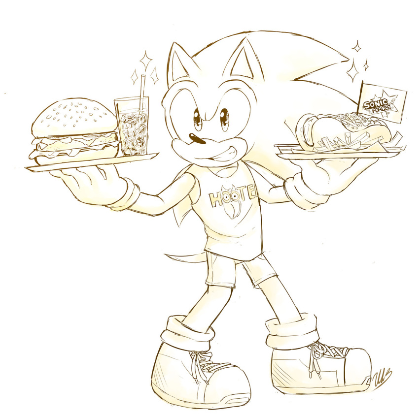 boots bottomwear burger clothed clothing container cup eulipotyphlan food footwear handwear hedgehog hi_res hot_dog ice looking_at_viewer male mammal open_bottomwear open_clothing open_pants pants plate sega smile solo sonic_forces sonic_the_hedgehog sonic_the_hedgehog_(series) star valeriagl92