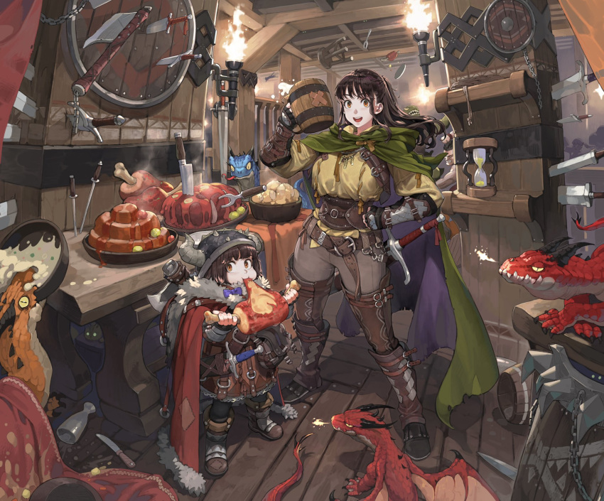 2girls axe barrel belt blue_bow boned_meat boots bow breathing_fire brown_hair cape carving_fork cat cup dragon eating english_commentary eyebrows_visible_through_hair fake_horns fantasy fighting fingerless_gloves fire food fur-trimmed_cape fur_trim gauntlets gloves hand_on_hip helmet highres holding holding_food horned_helmet horns hourglass indoors jun_(seojh1029) knife long_hair looking_at_viewer meat multiple_girls orange_eyes original patch people planted planted_axe planted_knife planted_sword plate sheath sheathed shield short_hair siblings sisters spill steam stool sword tankard tavern thigh_boots thighhighs torch tray weapon wooden_shield