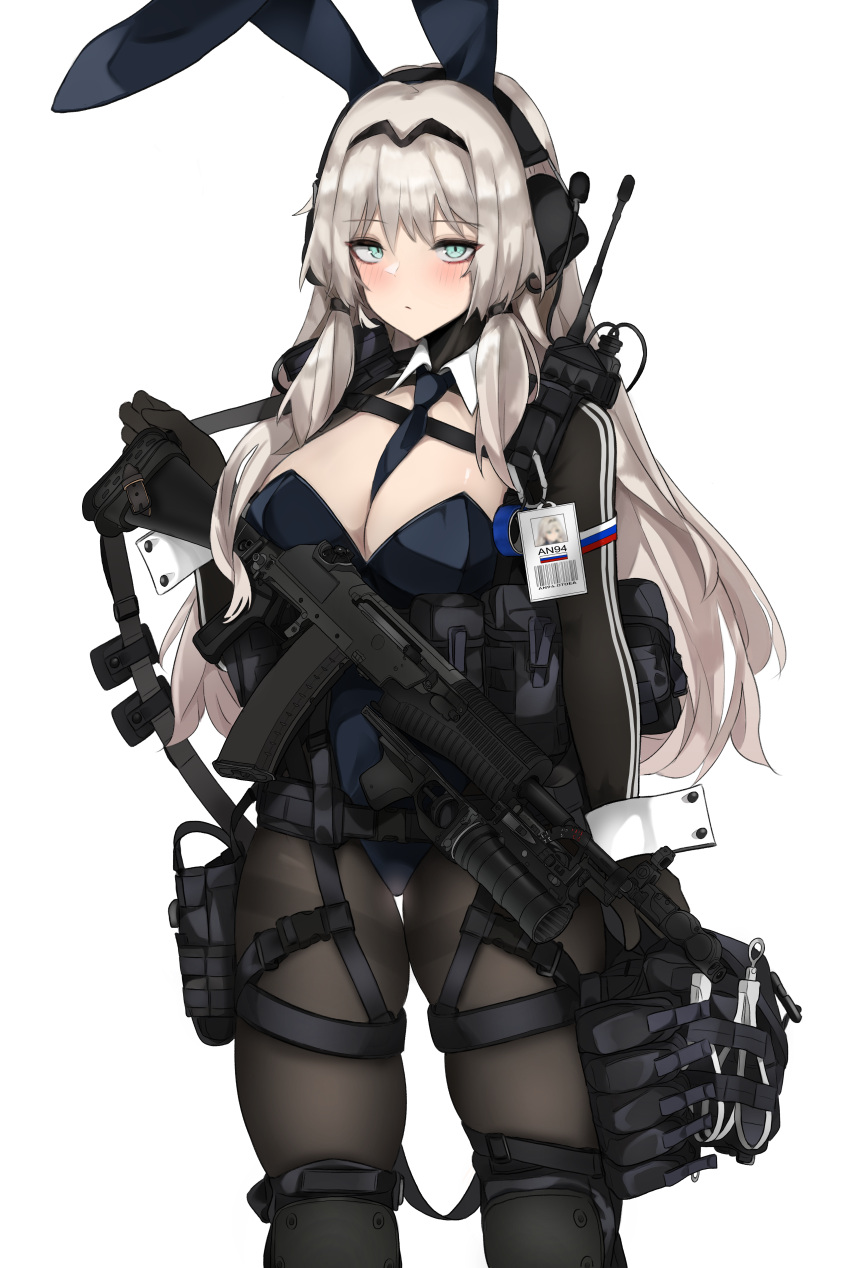 1girl absurdres alternate_costume an-94 an-94_(girls'_frontline) assault_rifle between_breasts black_legwear black_leotard black_necktie breasts girls'_frontline green_eyes gun highres large_breasts leotard long_hair long_sleeves necktie necktie_between_breasts pantyhose platinum_blonde_hair playboy_bunny pz-15 rifle shrug_(clothing) simple_background solo weapon white_background wrist_cuffs