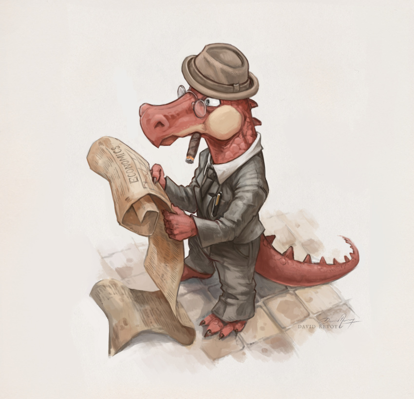 anthro biped by cigar clothing david_revoy dragon eyewear glasses hi_res holding_newspaper holding_object male newspaper red_body red_scales scales signature simple_background smoking solo suit watermark