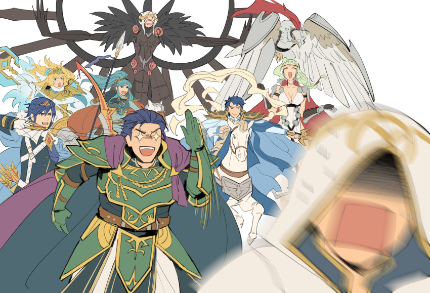 4boys 4girls axe bow_(weapon) breasts chasing chrom_(fire_emblem) cleavage edelgard_von_hresvelg eirika_(fire_emblem) fire_emblem fire_emblem:_genealogy_of_the_holy_war fire_emblem:_the_blazing_blade fire_emblem:_the_sacred_stones fire_emblem:_three_houses fire_emblem_awakening fire_emblem_heroes fjorm_(fire_emblem) hector_(fire_emblem) hegemon_edelgard highres hood horse kiran_(fire_emblem) multiple_boys multiple_girls norue nott_(fire_emblem) official_alternate_costume open_mouth riding shaded_face sigurd_(fire_emblem) sparkling_eyes weapon