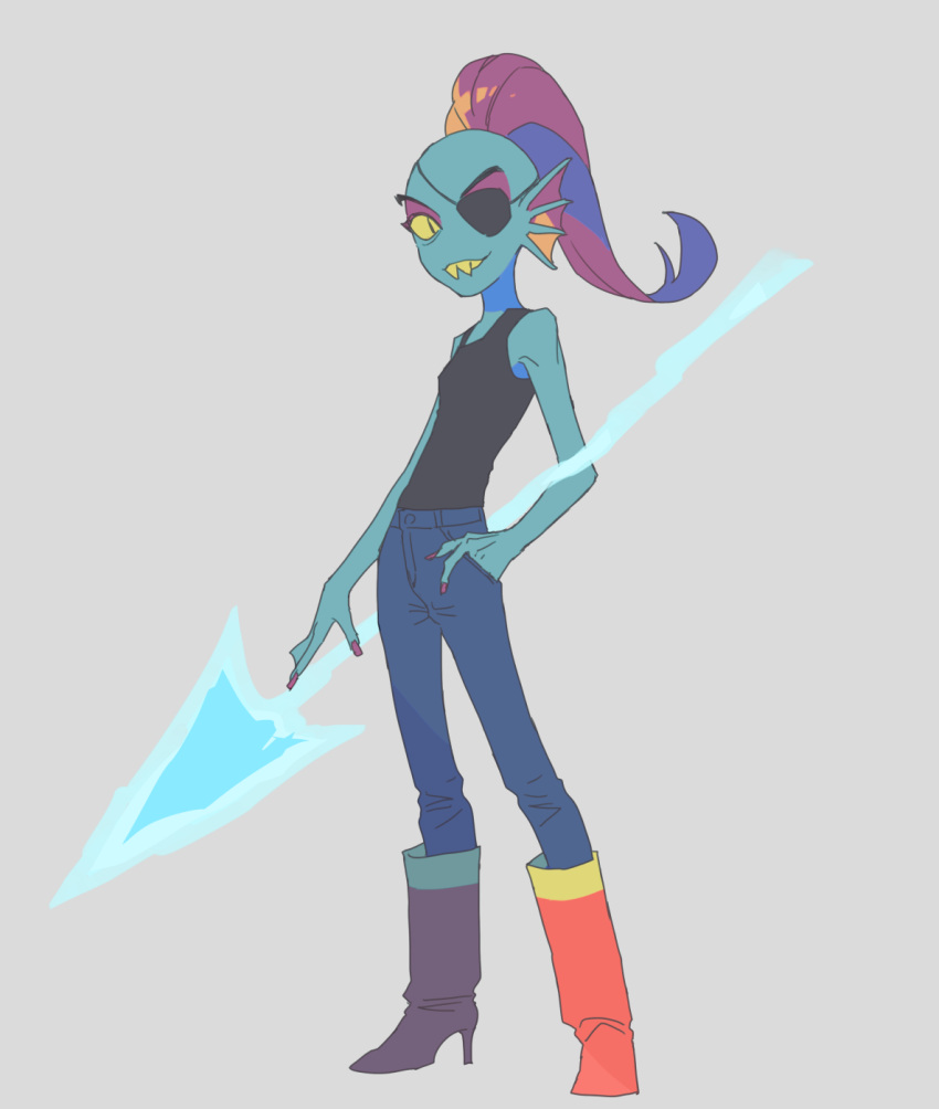 animal_humanoid boots bottomwear clothing eye_patch eyewear female fish fish_humanoid footwear hair hand_in_pocket hi_res holding_object holding_weapon humanoid marine marine_humanoid melee_weapon ouse pants pockets polearm ponytail red_hair shirt solo spear tank_top topwear undertale_(series) undyne weapon yellow_sclera