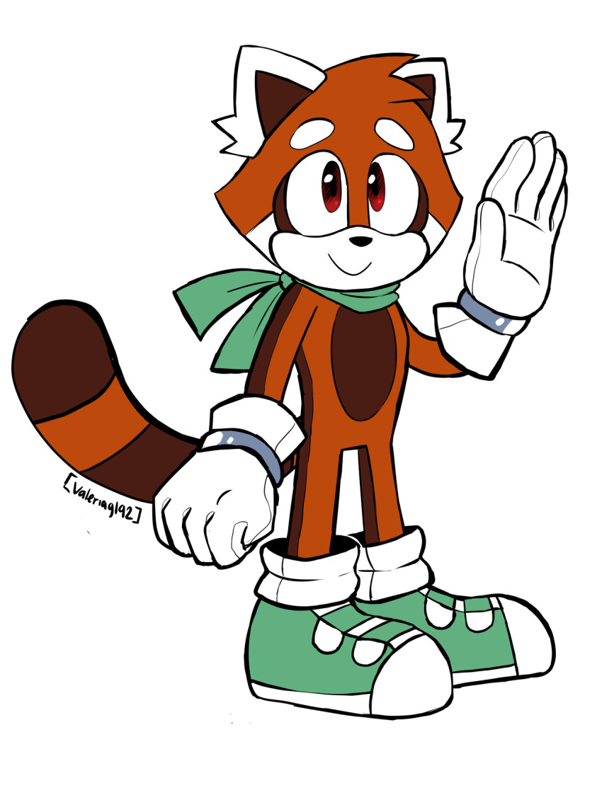 boots clothing fan_character footwear green_boots green_clothing green_footwear green_scarf hey hi_res looking_at_viewer male mammal pete_(valeriagl92) red_body red_eyes scarf sega simple_background solo sonic_the_hedgehog_(series) valeriagl92 white_ears