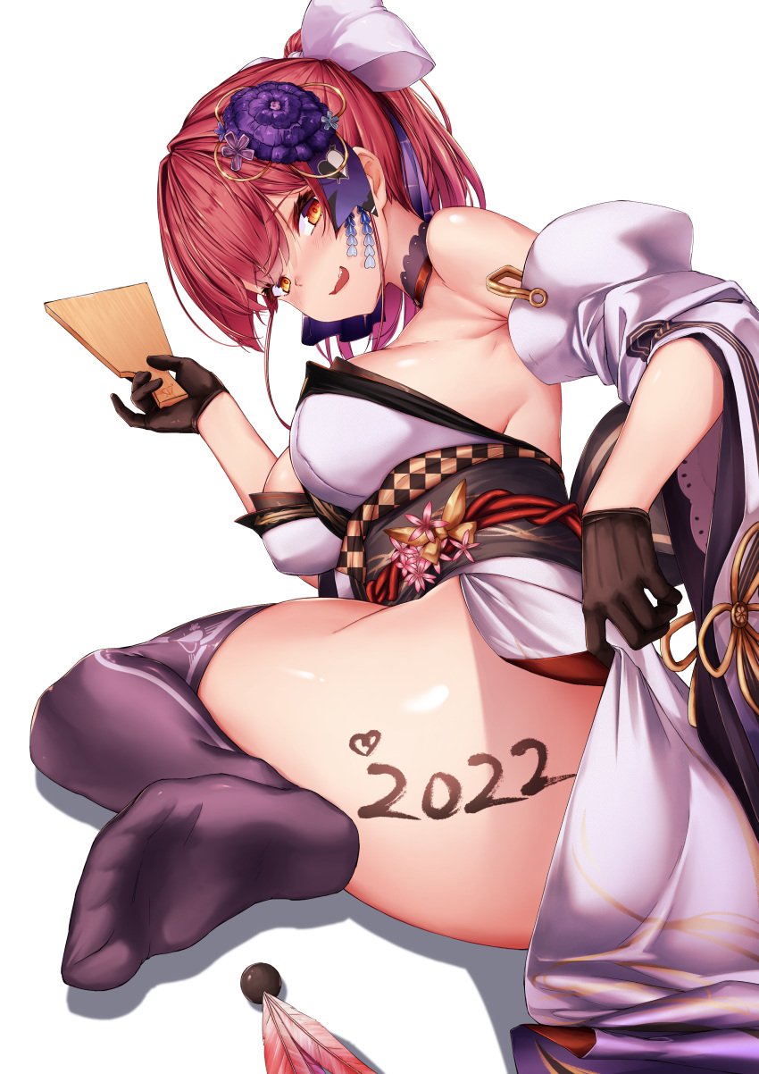 1girl 2022 :d absurdres armpits ass bangs bare_shoulders black_gloves body_writing bow breasts clothes_lift detached_sleeves eyebrows_visible_through_hair feet flower from_behind gloves hagoita hair_bow hair_flower hair_ornament hane_(hanetsuki) heart heterochromia highres holding holding_paddle hololive houshou_marine japanese_clothes kakikurui kimono kimono_lift large_breasts leaning_forward lifted_by_self long_hair long_sleeves looking_at_another looking_at_viewer no_panties no_shoes obi paddle ponytail purple_flower purple_legwear red_eyes red_hair sash smile soles solo thighhighs white_bow white_kimono wide_sleeves yellow_eyes