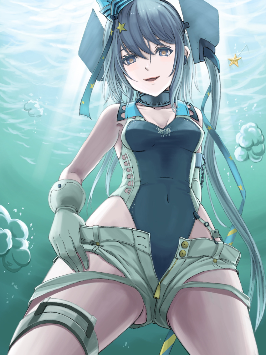 1girl air_bubble aqua_headwear black_ribbon black_swimsuit breasts bubble competition_swimsuit covered_navel garrison_cap gloves grey_eyes grey_hair hair_ornament hair_ribbon hat highleg highleg_swimsuit highres kantai_collection kinginbana_-shirumashi_onsen- long_hair one-piece_swimsuit ribbon scamp_(kancolle) short_shorts shorts side_ponytail small_breasts solo star_(symbol) star_hair_ornament swimsuit underwater white_gloves white_shorts
