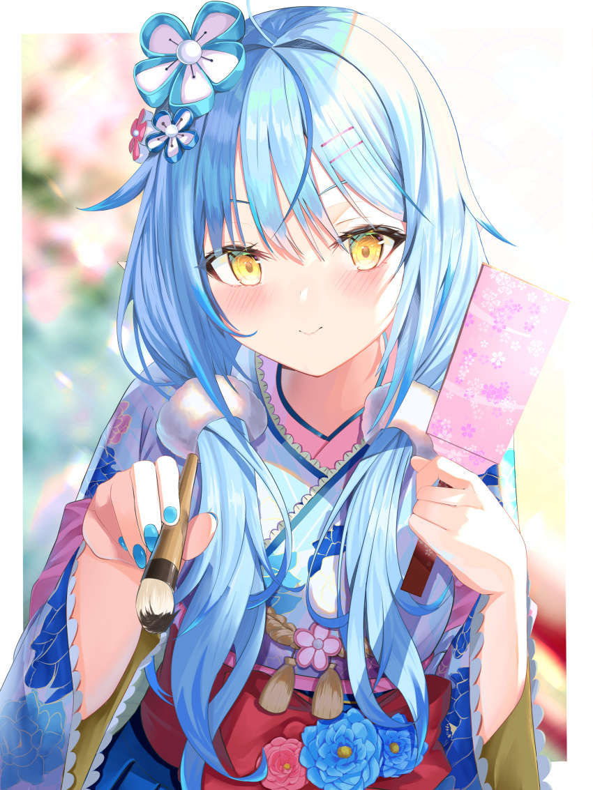 1girl absurdres blue_kimono blue_nails floral_print highres holding holding_paddle holding_paintbrush hololive japanese_clothes kimono mugicho_(kdks5554) nail_polish obi paddle paintbrush print_kimono sash solo tassel virtual_youtuber yukihana_lamy