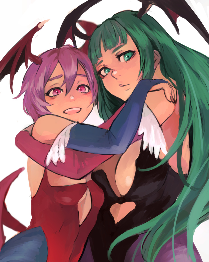 2girls 6maker absurdres bangs bat_wings blunt_bangs breasts bridal_gauntlets demon_girl elbow_gloves gloves green_eyes green_hair hair_between_eyes head_wings highres large_breasts lilith_aensland long_hair morrigan_aensland multiple_girls open_mouth purple_eyes purple_hair short_hair simple_background small_breasts smile upper_body vampire_(game) white_background wings