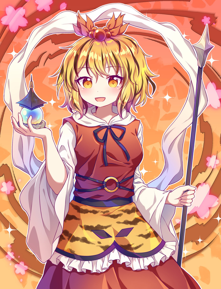 1girl animal_print bishamonten's_pagoda bishamonten's_spear black_hair blonde_hair blush caramell0501 dress eyebrows_visible_through_hair hagoromo hair_between_eyes highres holding holding_weapon long_sleeves multicolored_hair o-ring open_mouth orange_skirt polearm red_dress shawl short_hair skirt smile solo sparkle spear tiger_print toramaru_shou touhou two-tone_hair weapon wide_sleeves yellow_eyes