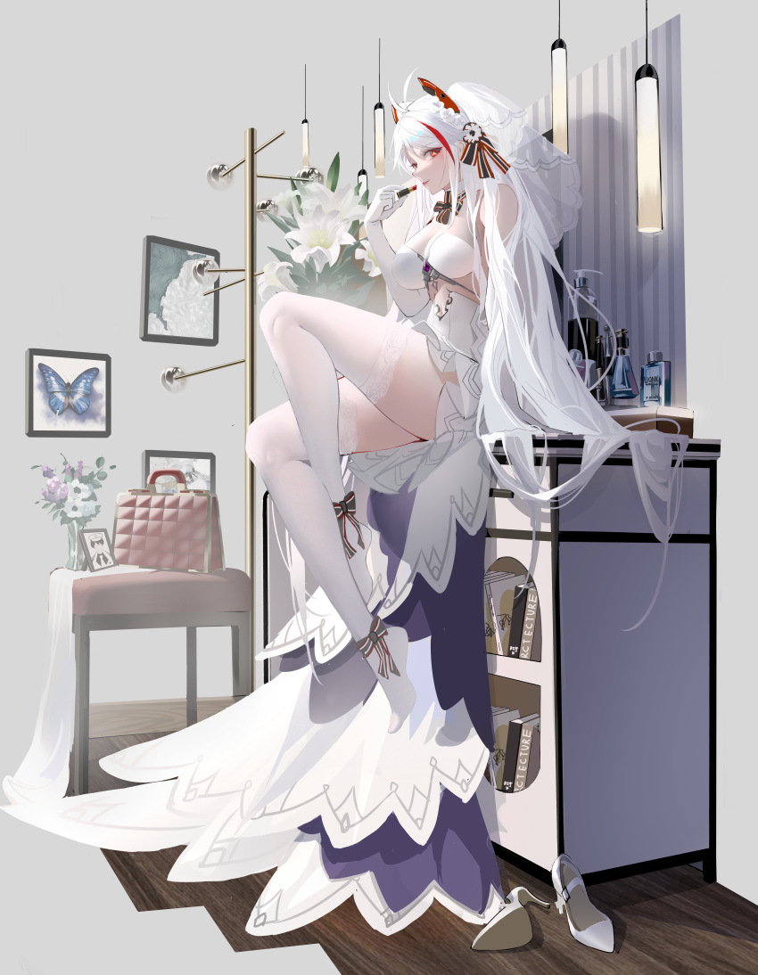 1girl absurdres antenna_hair azur_lane bangs blue_butterfly book bottle breasts bridal_veil bug butterfly commentary_request cosmetics desk dress elbow_gloves eyebrows_visible_through_hair flower full_body gloves headgear high_heels highres holding holding_lipstick_tube lipstick_tube long_hair looking_at_viewer multicolored_hair no_shoes official_alternate_costume panties plant potted_plant prinz_eugen_(azur_lane) prinz_eugen_(symphonic_fate)_(azur_lane) red_eyes red_hair rib_(rib_delesetong) shoes shoes_removed sideways_glance sitting smile solo streaked_hair underwear veil very_long_hair white_dress white_flower white_gloves white_hair white_legwear