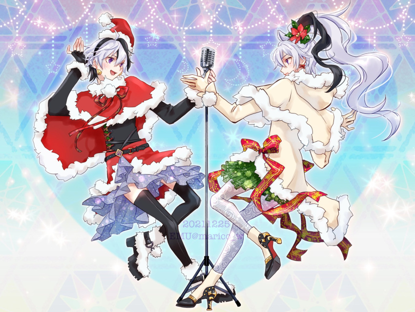 2girls beige_capelet beige_dress bell bell_earrings belt black_gloves black_hair black_legwear black_shirt boots capelet commentary crescent_moon dated dress dual_persona earrings emu_(marico_w) fingerless_gloves floral_print flower flower_(vocaloid) full_body fur-trimmed_boots fur-trimmed_capelet fur-trimmed_dress fur-trimmed_headwear fur-trimmed_skirt fur_trim gloves hair_flower hair_ornament hand_up hat heart heart_background high_heels highres jewelry layered_skirt leaning_back long_hair microphone microphone_stand moon multicolored_hair multiple_girls open_mouth ponytail purple_eyes purple_hair red_capelet red_flower red_headwear red_ribbon red_skirt ribbon santa_hat shared_microphone shirt short_hair skirt smile standing standing_on_one_leg star_(symbol) streaked_hair symmetry thighhighs twitter_username v_flower_(vocaloid4) vocaloid white_legwear
