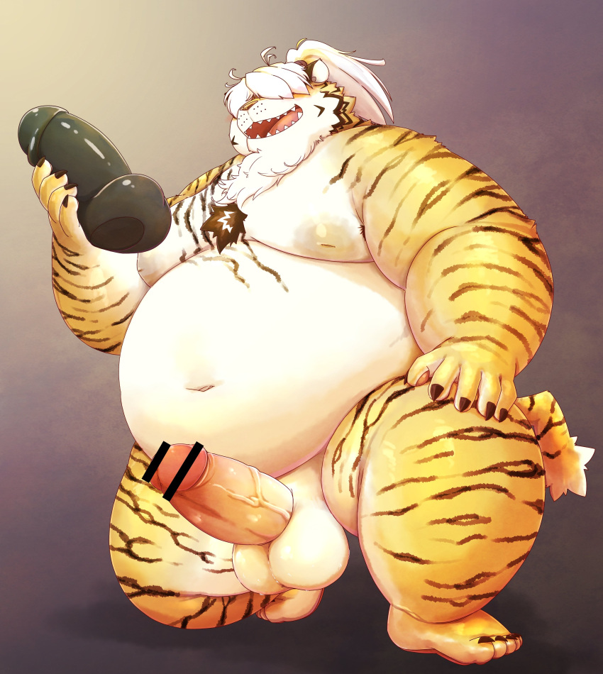 2022 absurd_res anthro balls belly censored chiro_(artist) dildo erection felid genitals hair hair_over_eyes hi_res humanoid_genitalia humanoid_hands humanoid_penis kemono male mammal moobs navel nipples overweight overweight_male pantherine penis sex_toy solo tiger yellow_body