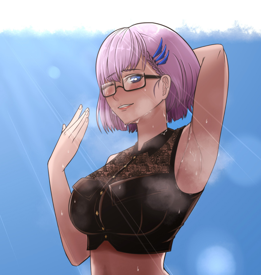 1girl absurdres arm_behind_head arm_up armpits bangs black_shirt blue_eyes blue_sky blush border braid buttons collared_shirt crop_top eyebrows_visible_through_hair fanning fanning_face glasses glint hair_ornament hairclip highres hololive hot lips midriff one_eye_closed p.a.l.m pavolia_reine pink_hair shirt short_hair single_braid sky sleeveless smile steam sunlight sweat upper_body virtual_youtuber wet white_border