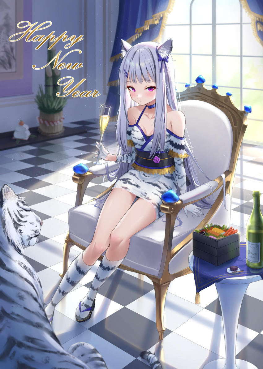 1girl alcohol animal animal_ear_fluff animal_ears animal_print armchair bare_shoulders black_footwear blue_bow blue_choker bottle bow breasts chair champagne champagne_flute checkered_floor choker closed_mouth collarbone commentary_request cup curtains day detached_sleeves dress drinking_glass ear_bow food gloves gohei_(aoi_yuugure) grey_hair hair_ornament hairclip happy_new_year highres holding holding_cup indoors kadomatsu kagami_mochi kneehighs long_hair long_sleeves new_year on_chair original print_dress print_legwear print_sleeves purple_eyes sitting sleeveless sleeveless_dress small_breasts solo tail tiger tiger_ears tiger_girl tiger_print tiger_tail very_long_hair white_dress white_gloves white_legwear window zouri