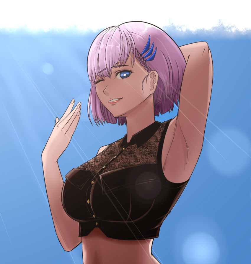 1girl absurdres arm_behind_head arm_up armpits bangs black_shirt blue_eyes blue_sky braid buttons collared_shirt crop_top eyebrows_visible_through_hair fanning fanning_face glasses hair_ornament hairclip highres hololive lips midriff one_eye_closed p.a.l.m pavolia_reine pink_hair shirt short_hair single_braid sky sleeveless smile sunlight upper_body virtual_youtuber