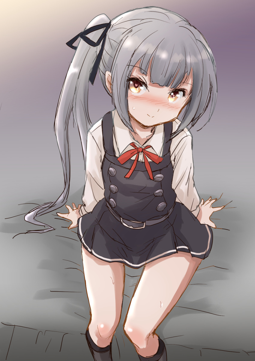 1girl belt brown_eyes commentary_request dress fuji_(pixiv24804665) grey_background grey_hair highres kantai_collection kasumi_(kancolle) kneehighs long_hair long_sleeves looking_at_viewer pinafore_dress red_ribbon remodel_(kantai_collection) ribbon shirt side_ponytail sitting smile solo white_shirt