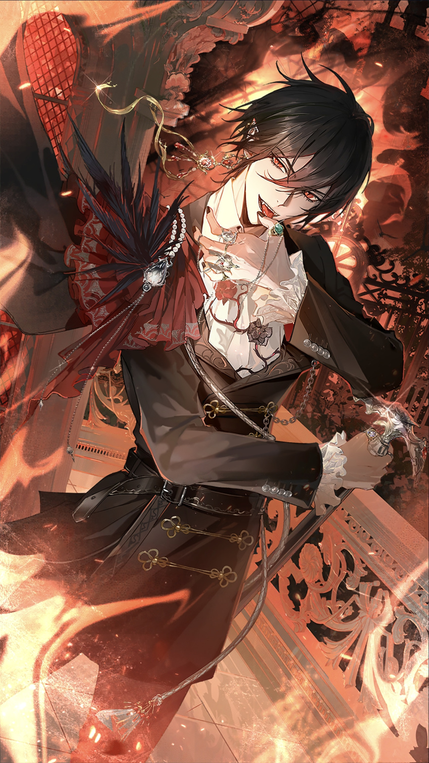 ayn black_hair black_skirt cowboy_shot fangs fangs_out for_all_time frilled_sleeves frills gem hair_between_eyes highres jewelry long_sleeves looking_at_viewer open_mouth pearl_(gemstone) red_eyes ring short_hair skirt tongue tongue_out vampire zhenzhibang149