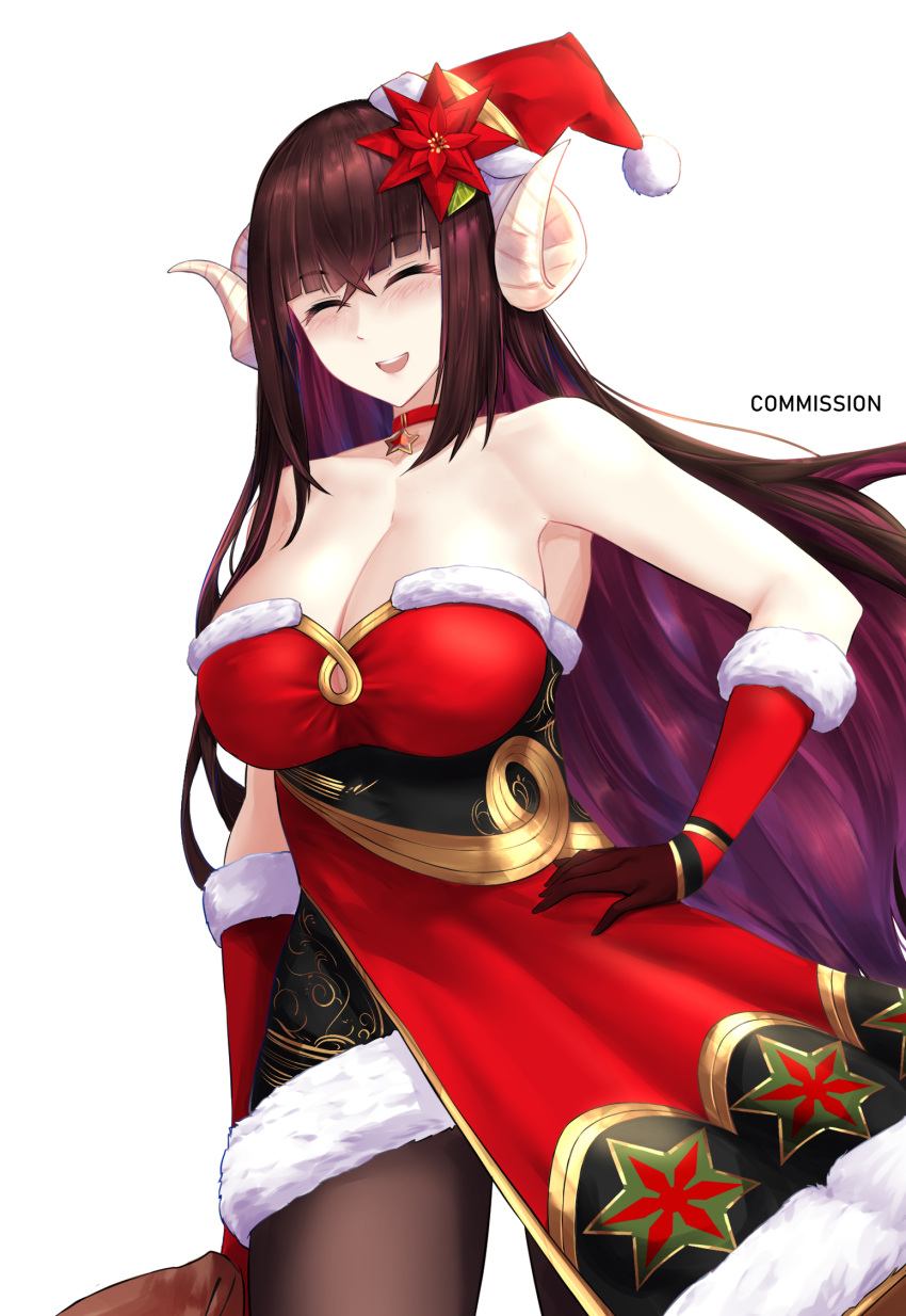 1girl azur_lane breasts choker christmas_dress cleavage closed_eyes commission curled_horns dress flower fur-trimmed_dress fur-trimmed_gloves fur_trim gloves gold_trim hair_between_eyes hand_on_hip hat highres horns irkawaza large_breasts long_hair looking_at_viewer official_alternate_costume pantyhose purple_hair red_choker red_flower red_gloves santa_hat side_slit simple_background sleeveless sleeveless_dress solo standing strapless strapless_dress suruga_(azur_lane) suruga_(uneventful_holiday_greetings)_(azur_lane) very_long_hair white_background