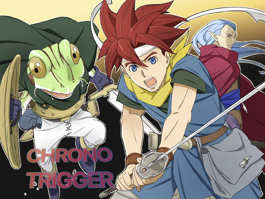 3boys blue_eyes blue_hair cape chrono_trigger closed_mouth crono_(chrono_trigger) earrings frog_(chrono_trigger) headband highres jewelry kobayashi_chizuru looking_at_viewer magus_(chrono_trigger) multiple_boys open_mouth pointy_ears red_hair shield simple_background spiked_hair sword weapon