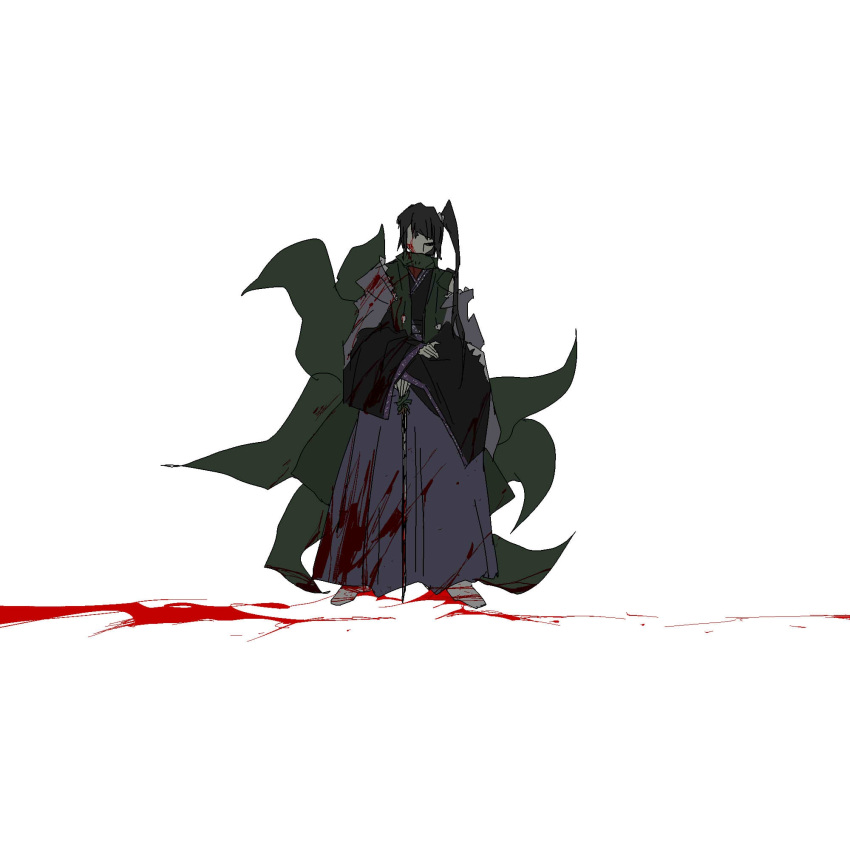 1other adagumo_no_yaorochi androgynous black_hair black_kimono blood blood_on_clothes blood_on_face cape coat faceless floral_print frilled_cape full_body green_coat green_scarf hair_ornament hair_over_shoulder hair_scrunchie hakama hakama_pants hand_on_own_arm high_side_ponytail highres holding holding_sword holding_weapon japanese_clothes jinbaori kimono len'en long_hair long_sleeves multiple_tails mxx33 other_focus pants pom_pom_(clothes) pool_of_blood purple_cape purple_hakama scarf scrunchie short_kimono snake_tail socks solo standing straight-on sword sword_of_kusanagi tail tasouken weapon white_scrunchie white_socks wide_sleeves
