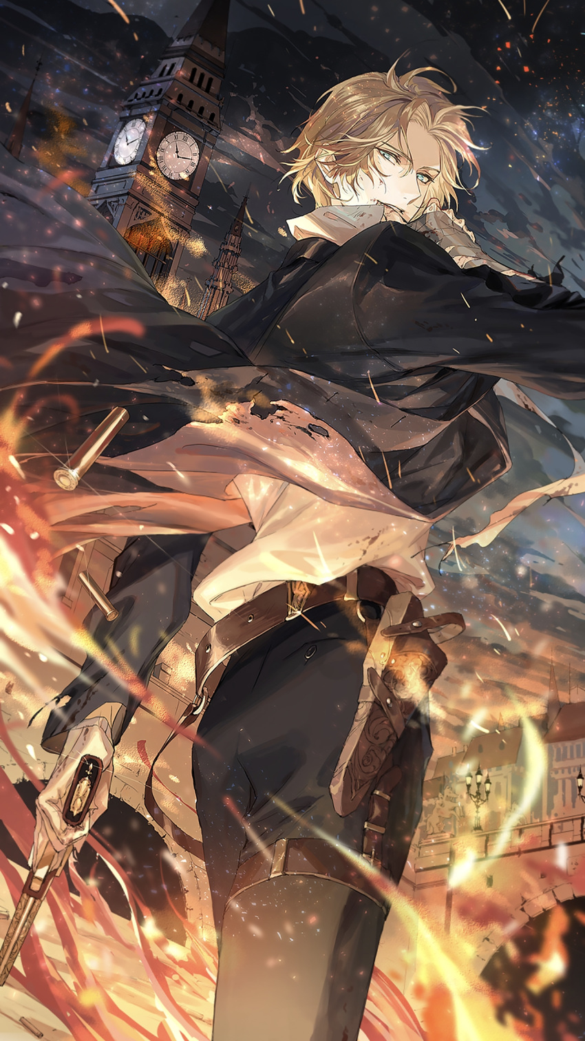1boy back bandages blonde_hair clock clock_tower cowboy_shot fire for_all_time gloves gun highres holding holding_gun holding_weapon light_blue_eyes looking_back luoxia male_focus night night_sky short_hair sky smile solo thigh_strap tower weapon white_gloves zhenzhibang149