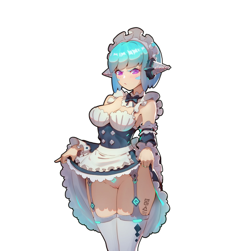 alternate_costume android android_mk.99 apron bangs barcode bare_shoulders blue_hair breasts clothes_lift detached_sleeves dress enmaided eyebrows_visible_through_hair frills frown guardian_tales hair_ornament highres joker.z lifted_by_self looking_at_viewer maid maid_apron maid_headdress medium_breasts no_panties purple_eyes pussy short_hair skirt skirt_lift white_background white_dress white_legwear