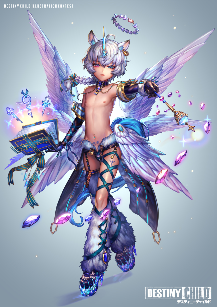 1boy angel_wings animal_ears bishounen blue_eyes gem grey_hair highres horns male_focus navel original pale_skin pectorals shigaraki_(strobe_blue) silver_hair single_horn tail topless_male unicorn unicorn_ears unicorn_tail white_hair winged_unicorn wings