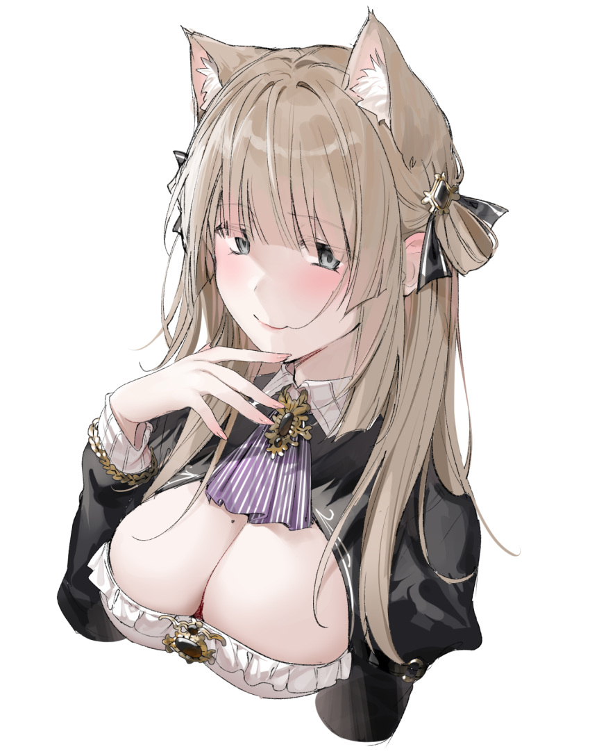 1girl animal_ear_fluff animal_ears black_eyes black_ribbon blonde_hair blush breast_cutout breasts cat_ears cleavage hair_in_mouth hair_ribbon hand_on_own_chin highres long_hair looking_at_viewer mole mole_on_breast original portrait ribbon solo white_background xretakex