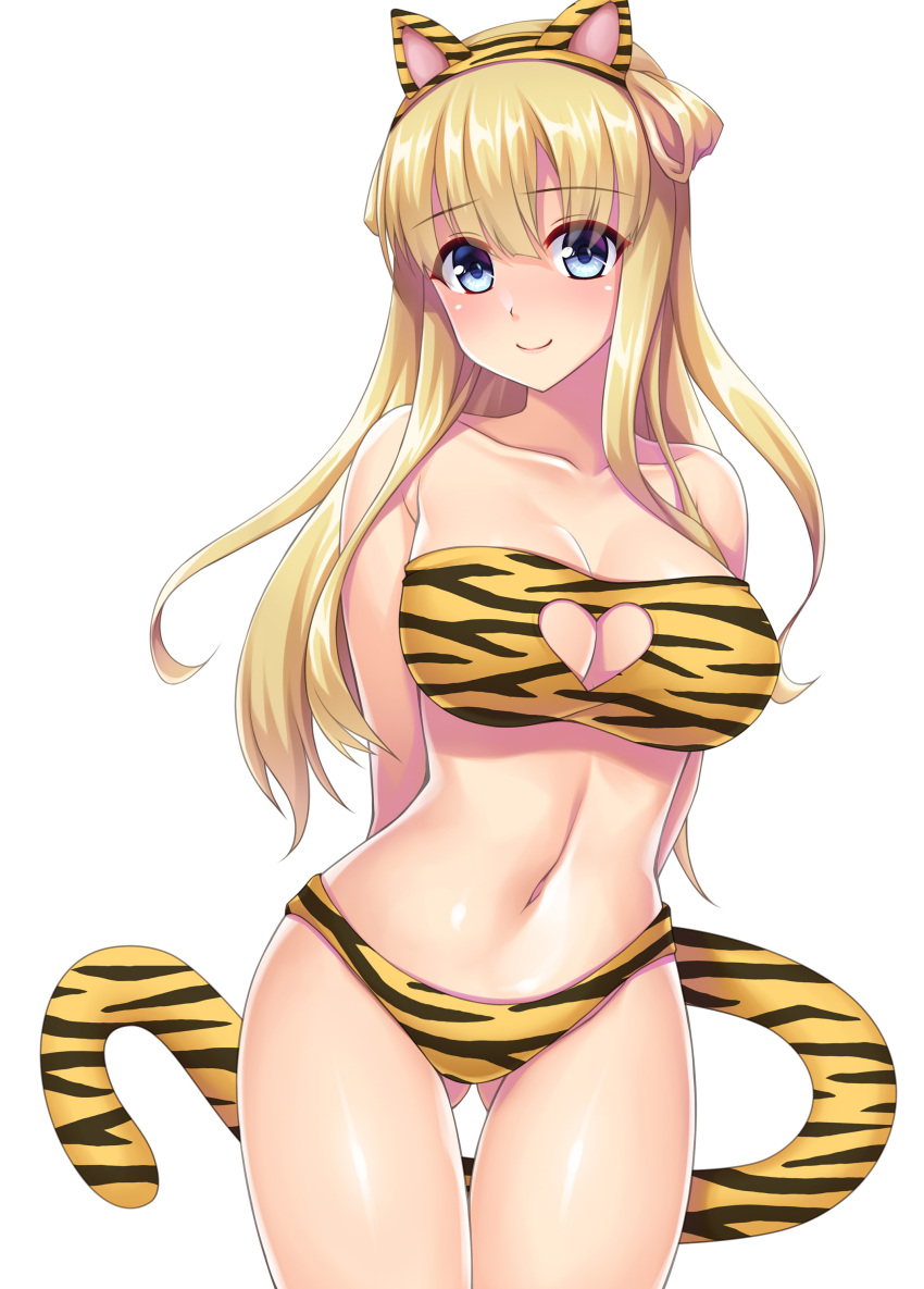 1girl absurdres alternate_costume animal_ears animal_print bikini blonde_hair blue_eyes breasts cleavage_cutout clothing_cutout double_bun fake_animal_ears fake_tail fletcher_(kancolle) heart_cutout highres kantai_collection large_breasts long_hair navel print_bikini ruin_re_birth simple_background solo strapless strapless_bikini swimsuit tail tiger_ears tiger_print tiger_tail white_background