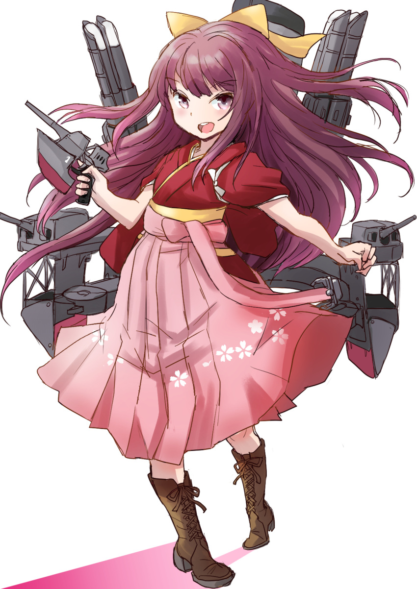 1girl adapted_turret boots bow cannon cross-laced_footwear fuji_(pixiv24804665) full_body hair_bow hakama highres japanese_clothes kamikaze_(kancolle) kantai_collection kimono lace-up_boots long_hair machinery meiji_schoolgirl_uniform pink_hakama purple_eyes purple_hair red_kimono simple_background solo turret white_background yellow_bow