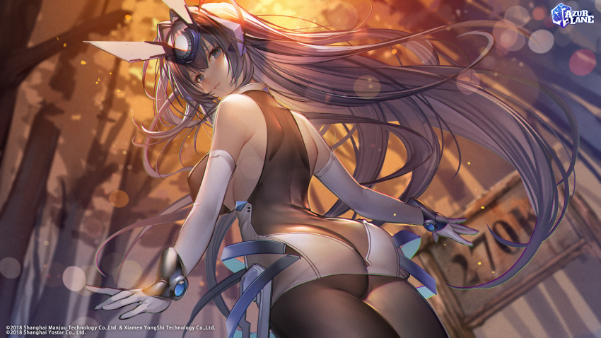 1girl ass azur_lane bangs bare_shoulders black_bodysuit blue_eyes blue_hair blush bodysuit bodysuit_under_clothes breasts closed_mouth commentary copyright_name dress elbow_gloves gloves hanusu headgear highres large_breasts logo long_hair looking_at_viewer looking_back new_jersey_(azur_lane) official_art short_dress simple_background skin_tight sleeveless sleeveless_dress smile white_gloves