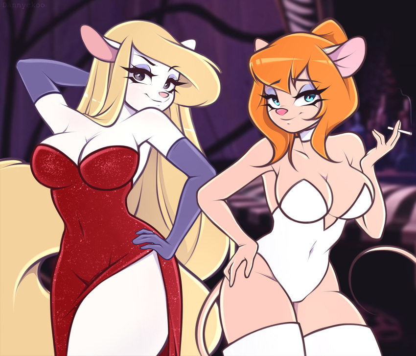 animaniacs anthro armwear big_breasts boots breasts chip_'n_dale_rescue_rangers choker cleavage clothed clothing cool_world cosplay crossover crossover_cosplay dannyckoo disney duo elbow_gloves female footwear gadget_hackwrench gloves handwear hi_res holli_would jessica_rabbit jewelry legwear looking_at_viewer mammal minerva_mink mink mouse murid murine mustelid musteline necklace rodent slit_dress smoking thigh_boots thigh_highs true_musteline warner_brothers who_framed_roger_rabbit