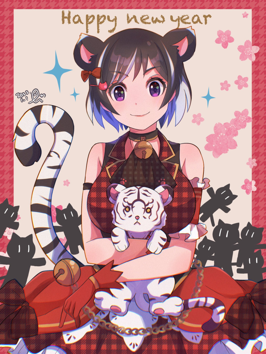 1girl animal_ears anotherplus bell black_hair bow breasts chinese_zodiac commentary_request dated english_text hair_bow hair_ornament hairclip hanekawa_tsubasa happy_new_year highres kako_(monogatari) large_breasts looking_at_viewer monogatari_(series) multicolored_hair neck_bell nekomonogatari new_year purple_eyes short_hair smile streaked_hair tail tiger tiger_ears tiger_girl tiger_tail white_hair year_of_the_tiger