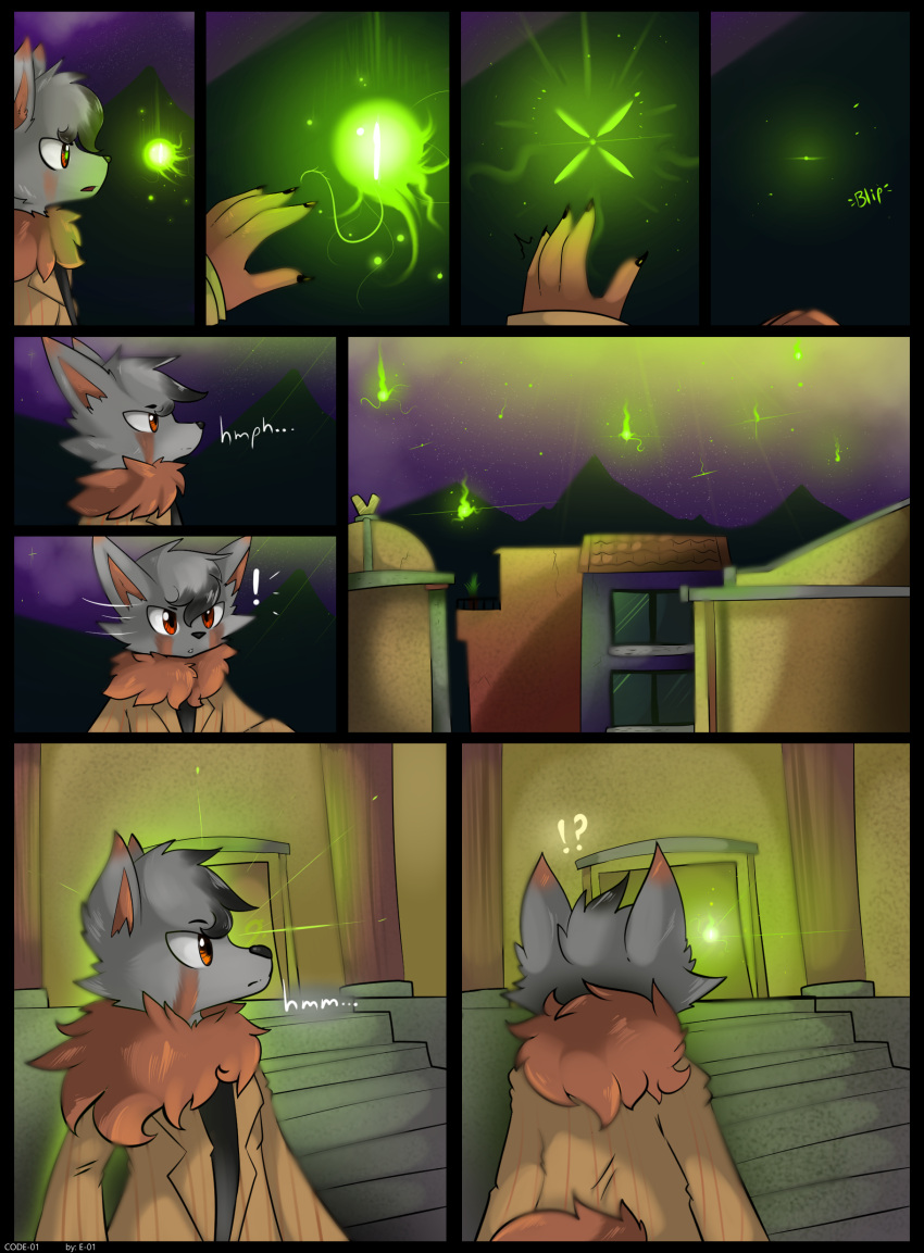 ! ? absurd_res anthro black_nose brown_body brown_fur building canid canine canis claws clothed clothing comic confusion dialogue digital_media_(artwork) e-01 english_text fur glowing hair hi_res house male mammal mexican_wolf multicolored_body multicolored_fur night orange_eyes outside simple_background sky solo stairs star text window wolf
