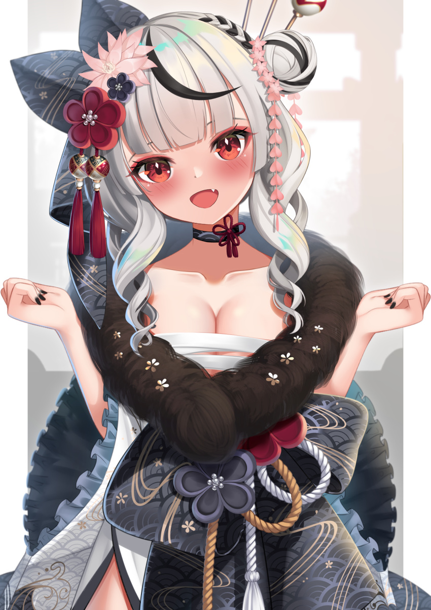 1girl :d absurdres bangs beads black_hair black_nails blunt_bangs blush breasts chest_sarashi choker cleavage collarbone commentary cowboy_shot egasumi english_commentary eyelashes eyeshadow fang flower frilled_sleeves frills fur_shawl fur_trim hair_flower hair_ornament hair_stick hair_up hands_up head_tilt highres hololive hoshino_aoi_(la_huynh_hai_than) looking_at_viewer makeup multicolored_hair new_year pink_flower red_eyes ringlets rope sakamata_chloe sarashi shawl side_bun silver_hair smile solo streaked_hair tassel virtual_youtuber w_arms wide_sleeves wrist_extended x_hair_ornament