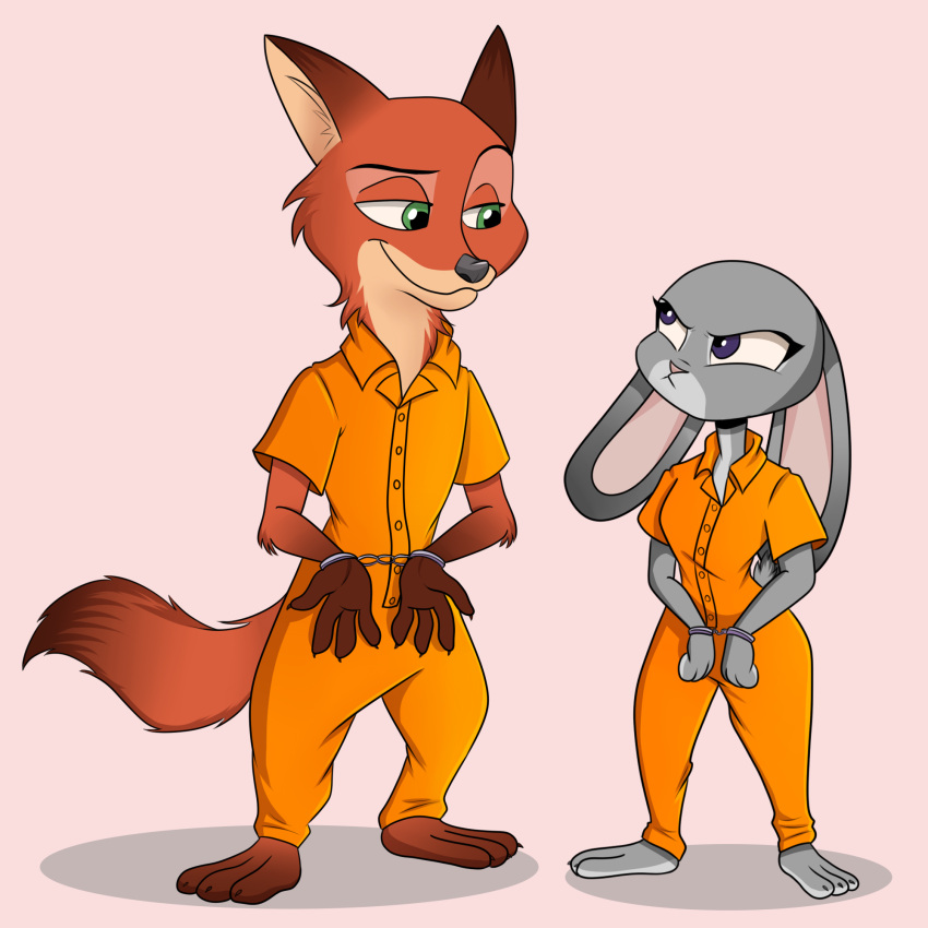 anthro barefoot bdsm bondage bound canid canine cuff_(restraint) disney duo feet female fox handcuffed handcuffs hi_res judy_hopps lagomorph leporid male mammal metal_cuffs nick_wilde percibey prison_jumpsuit rabbit restraints zootopia