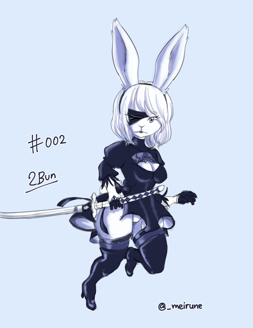 accessory anthro boots bottomwear clothed clothing eye_patch eyewear female footwear hair_accessory hi_res katana lagomorph legwear mammal meirune melee_weapon nier_automata panties raised_bottomwear raised_clothing raised_skirt short_stack skirt solo sword thick_thighs thigh_boots thigh_highs underwear weapon yorha_2b