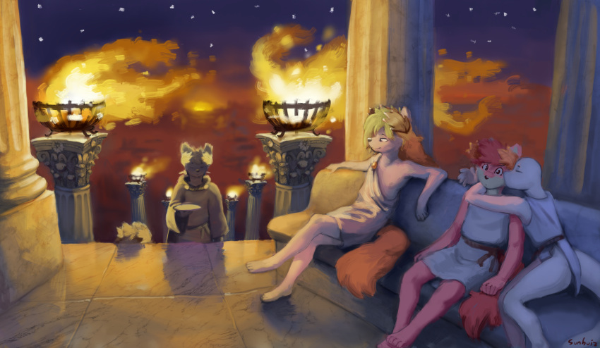 anthro architecture arrius_(sunhuiz) bonfire canid canine canis clothing cyrus_(sunhuiz) fire group hi_res julius_(sunhuiz) kissing laurel_wreath lizard male mammal marble outside reptile roman scalie sunhuiz sunset toga wolf