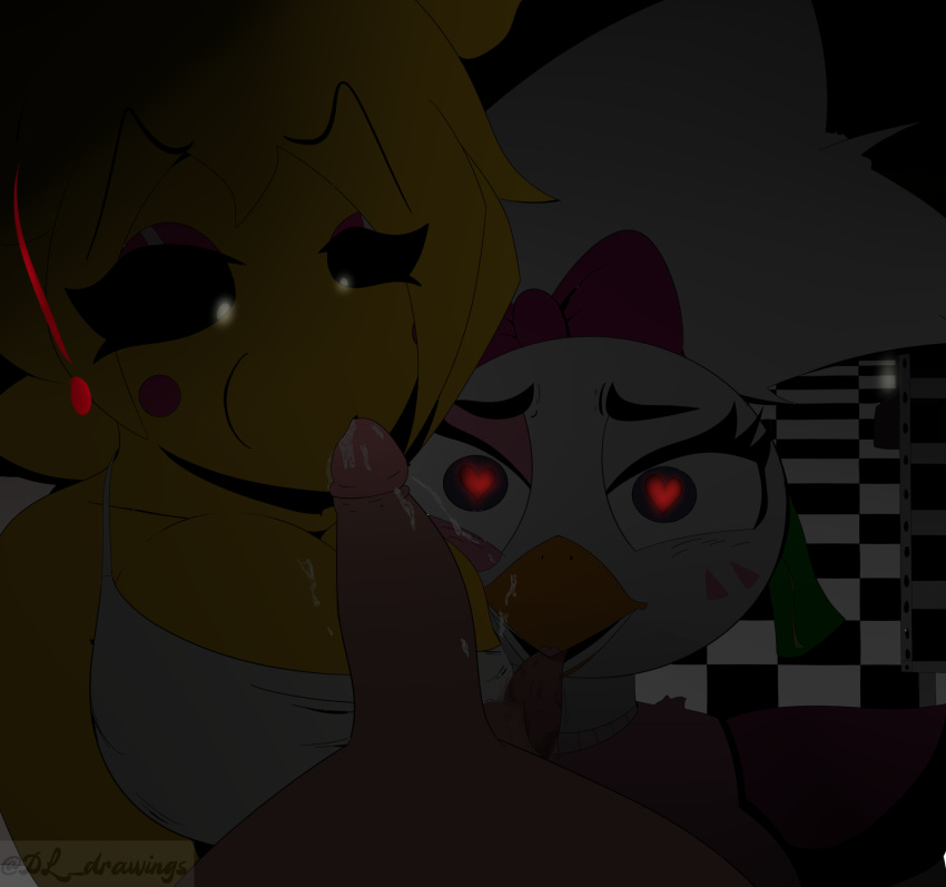 &lt;3 animatronic anthro avian ball_lick balls beak big_breasts bird blonde_hair bodily_fluids breast_squish breasts chicken clothed clothing cum cum_in_mouth cum_inside desesperadoleon ejaculation fellatio female five_nights_at_freddy's five_nights_at_freddy's:_security_breach five_nights_at_freddy's_2 galliform gallus_(genus) genital_fluids genitals glamrock_chica_(fnaf) glowing glowing_eyes group hair hi_res licking lips machine male male/female metal metallic_body multicolored_body oral penile phasianid pink_body robot saliva scottgames sex squish tongue tongue_out toy_chica_(fnaf) trio video_games white_body white_hair yellow_body