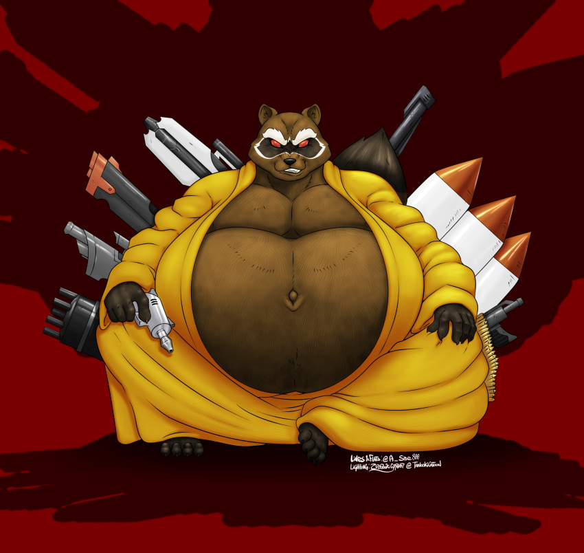 absurd_res anthro belly big_belly clothing conditional_dnp guardians_of_the_galaxy gun handgun hi_res looking_at_viewer machine_gun male mammal marvel navel overweight overweight_male procyonid raccoon ranged_weapon reagan700 red_background red_eyes rifle robe rocket rocket_raccoon simple_background sitting smile smiling_at_viewer solo tanookicatoon weapon