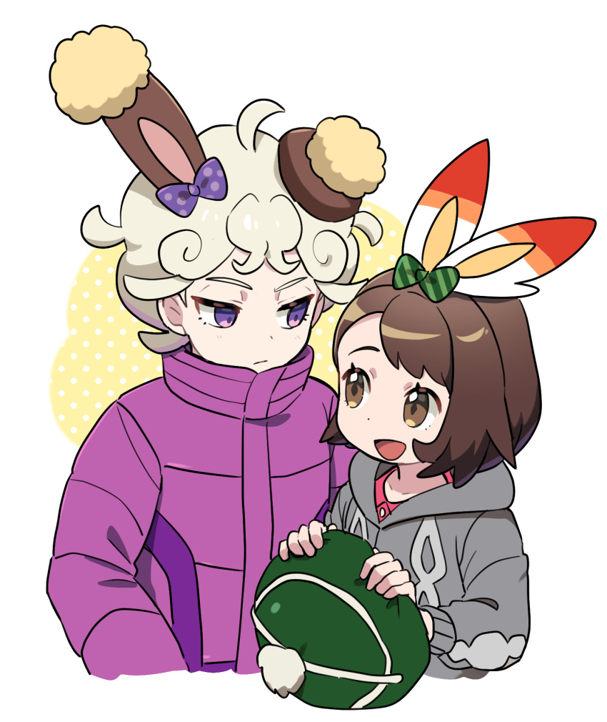 1boy 1girl :d ahoge bangs bede_(pokemon) blonde_hair bob_cut brown_eyes brown_hair buneary buttons cable_knit cardigan closed_mouth coat collared_dress curly_hair dress eyelashes gloria_(pokemon) green_headwear grey_cardigan hat highres holding holding_clothes holding_hat hooded_cardigan open_mouth pink_dress pokemon pokemon_(game) pokemon_ears pokemon_swsh purple_coat purple_eyes rnehrdyd1212 scorbunny short_hair smile symbol-only_commentary tam_o'_shanter tongue