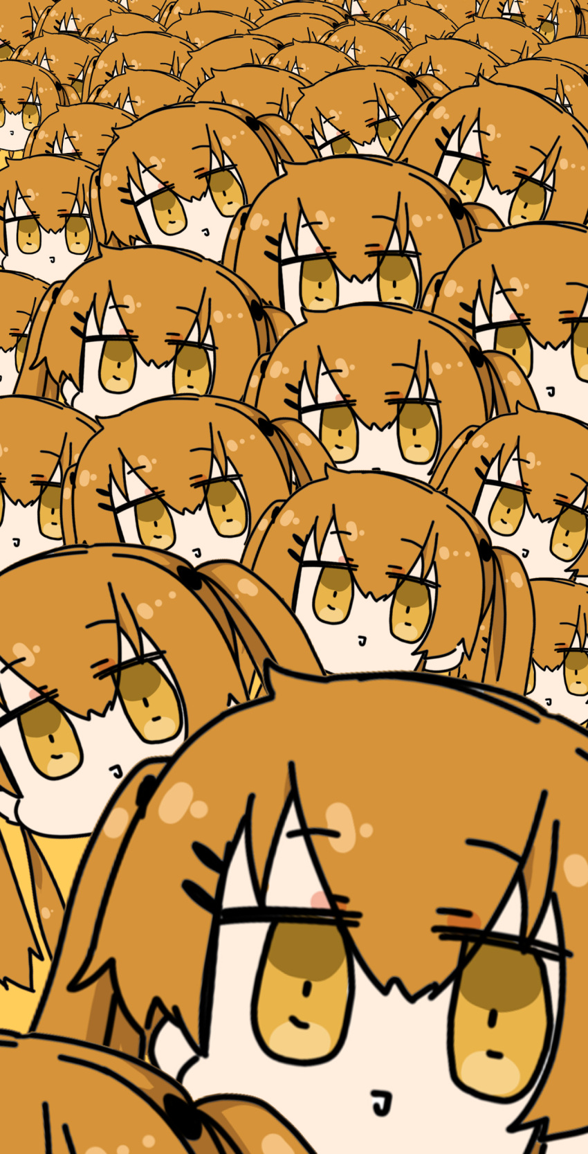 6+girls absurdres brown_hair chibi clone commentary disembodied_head eyebrows_visible_through_hair girls'_frontline highres jitome looking_at_viewer multiple_girls myon2 orange_eyes smile too_many twintails ump9_(girls'_frontline) yellow_background