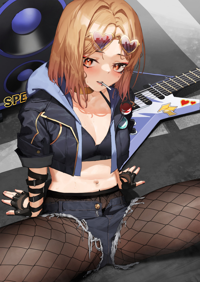 1girl black_bra black_jacket black_survival bra breasts brown_eyes brown_hair cleavage eyewear_on_head fishnet_legwear fishnets guitar hart_floyd heart heart-shaped_eyewear highres instrument jacket legwear_under_shorts midriff navel official_alternate_costume piercing short_hair short_shorts shorts small_breasts solo speaker sunglasses torn_clothes torn_shorts tunamayo_(dsasd751) underwear