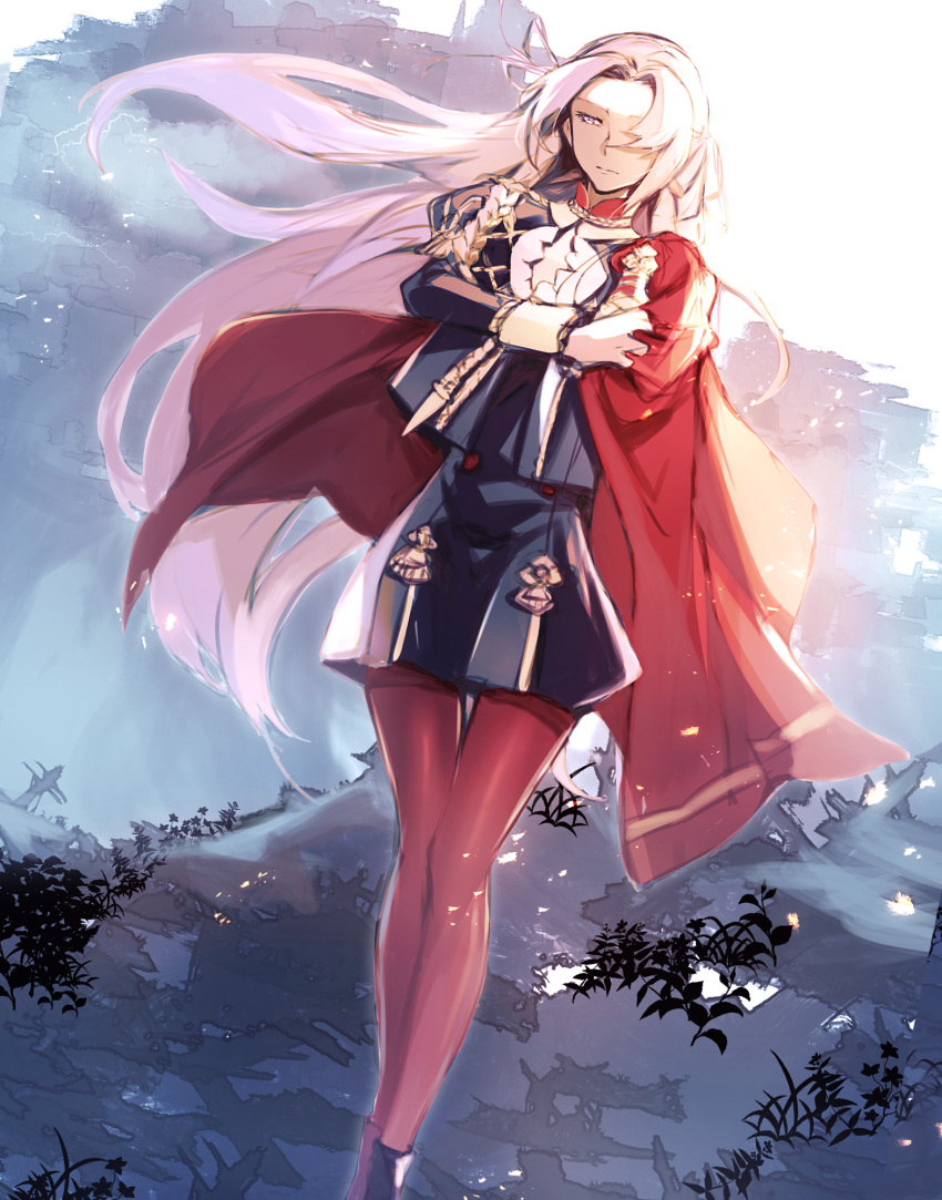 1girl black_jacket black_skirt cape dutch_angle edelgard_von_hresvelg fire_emblem fire_emblem:_three_houses floating_hair garreg_mach_monastery_uniform hair_intakes hair_over_one_eye half-closed_eyes highres jacket kashia long_hair long_sleeves miniskirt pantyhose red_cape red_legwear silver_hair skirt solo standing thigh_gap very_long_hair